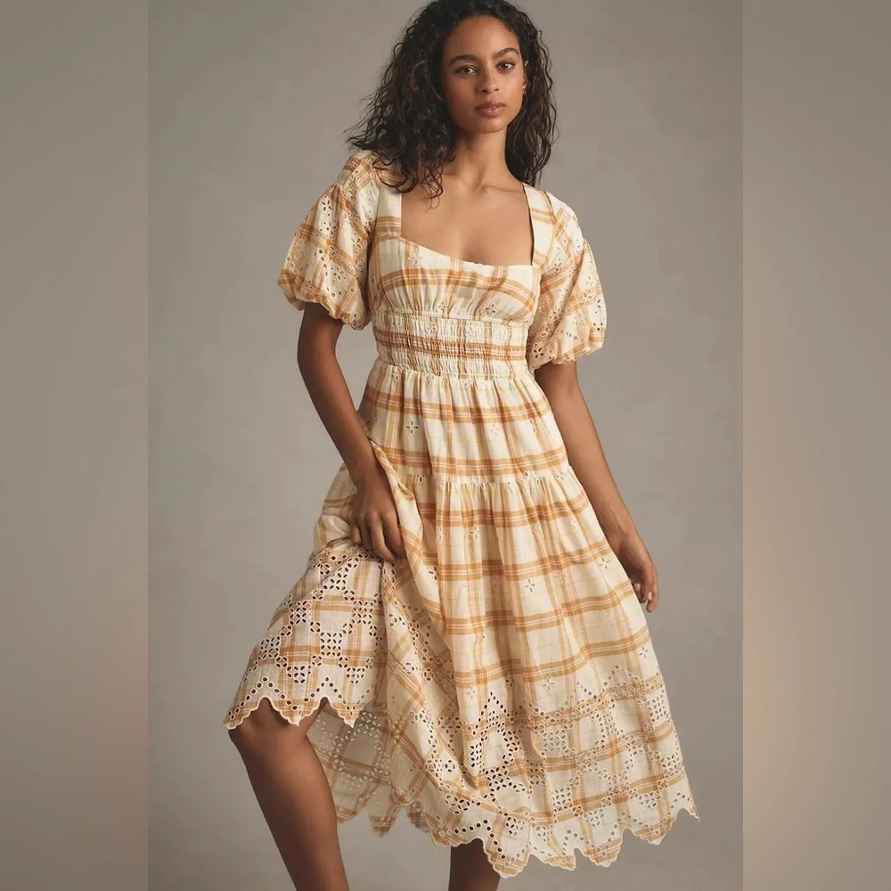 Anthropologie Puff-Sleeve Eyelet Midi Dress Size Large Smocked Plaid Yellow - Picture 1 of 17
